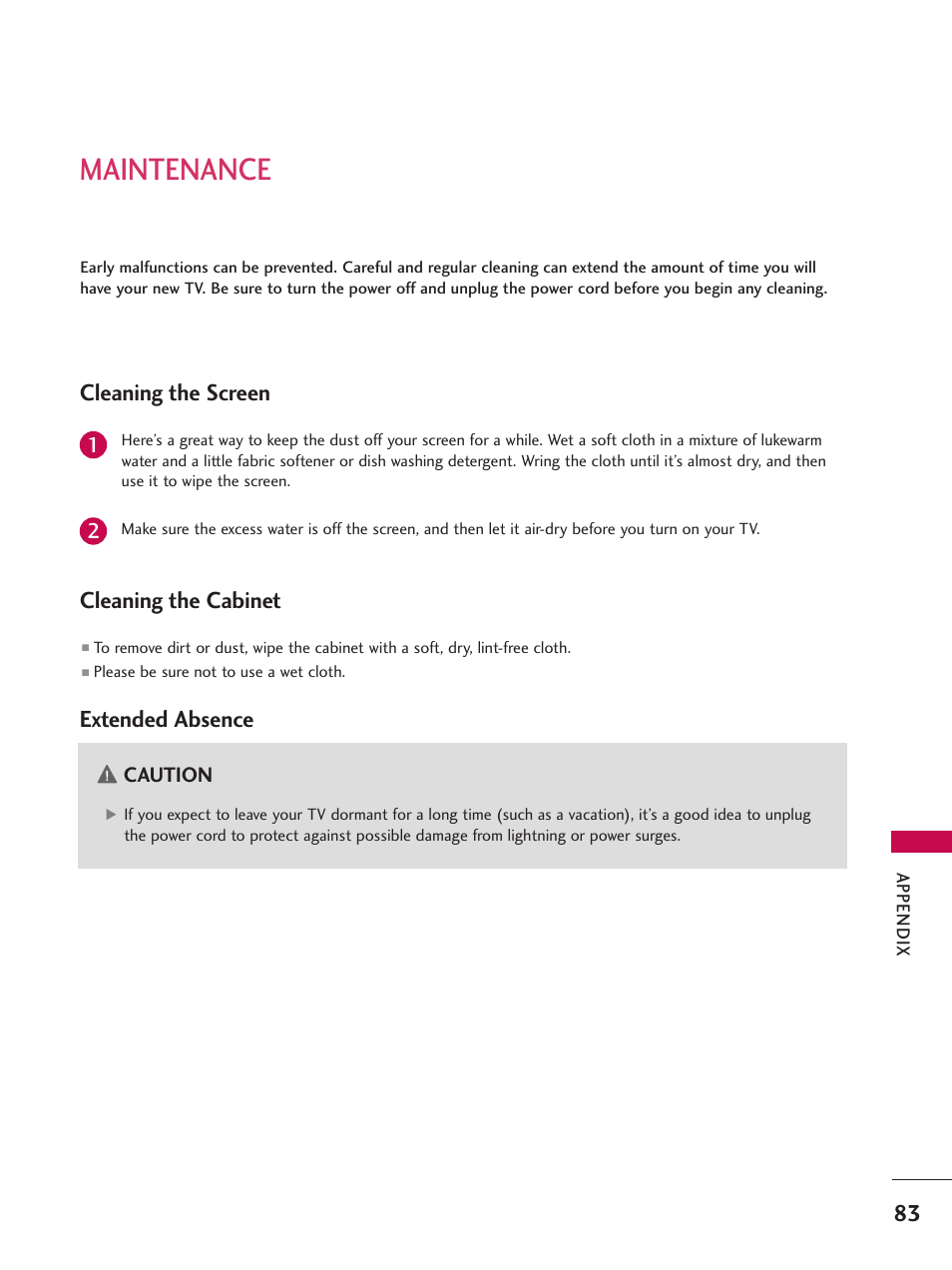 Maintenance, Cleaning the screen, Cleaning the cabinet | Extended absence | LG 26LC7D User Manual | Page 85 / 98