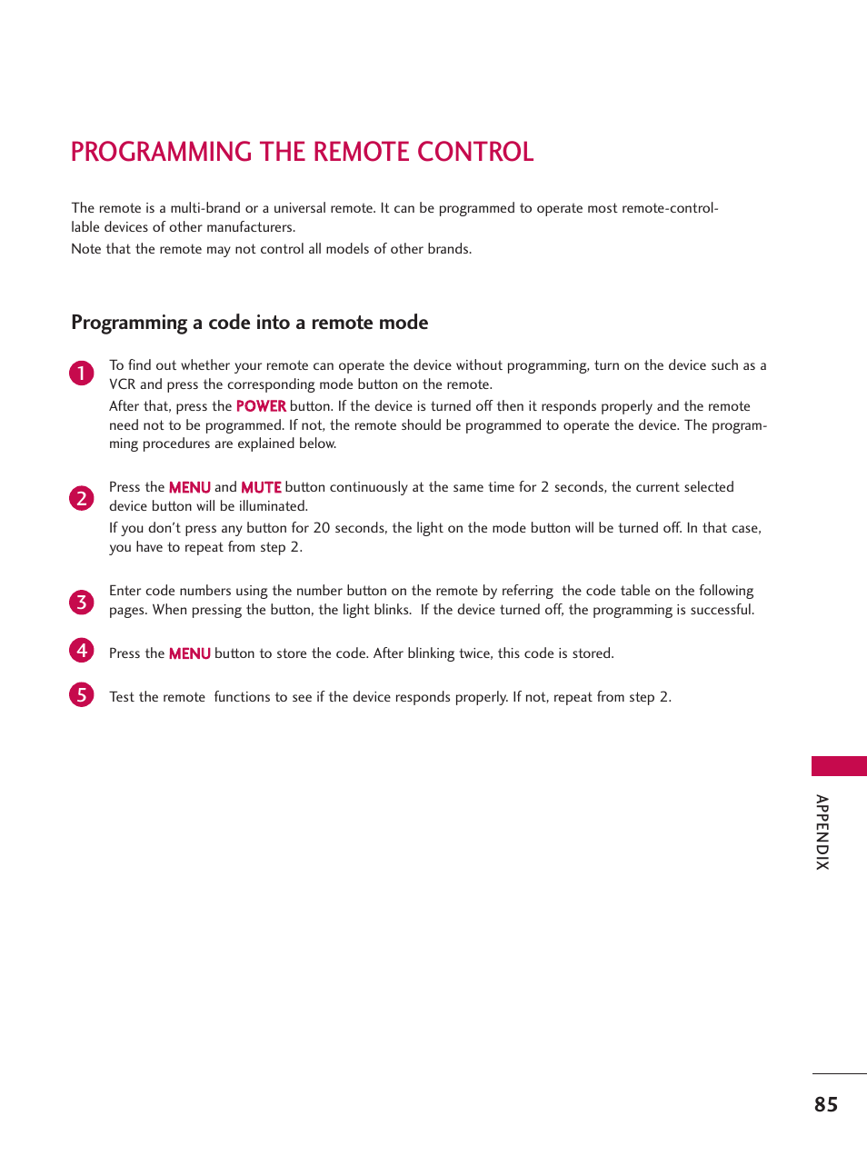 Programming the remote control, Programming a code into a remote mode | LG 26LC7D User Manual | Page 87 / 98
