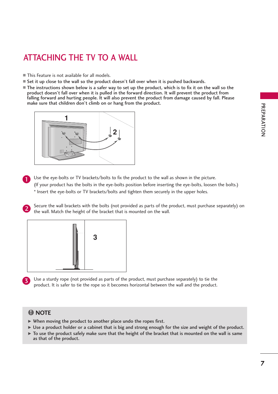 Attaching the tv to a wall | LG 26LC7D User Manual | Page 9 / 98