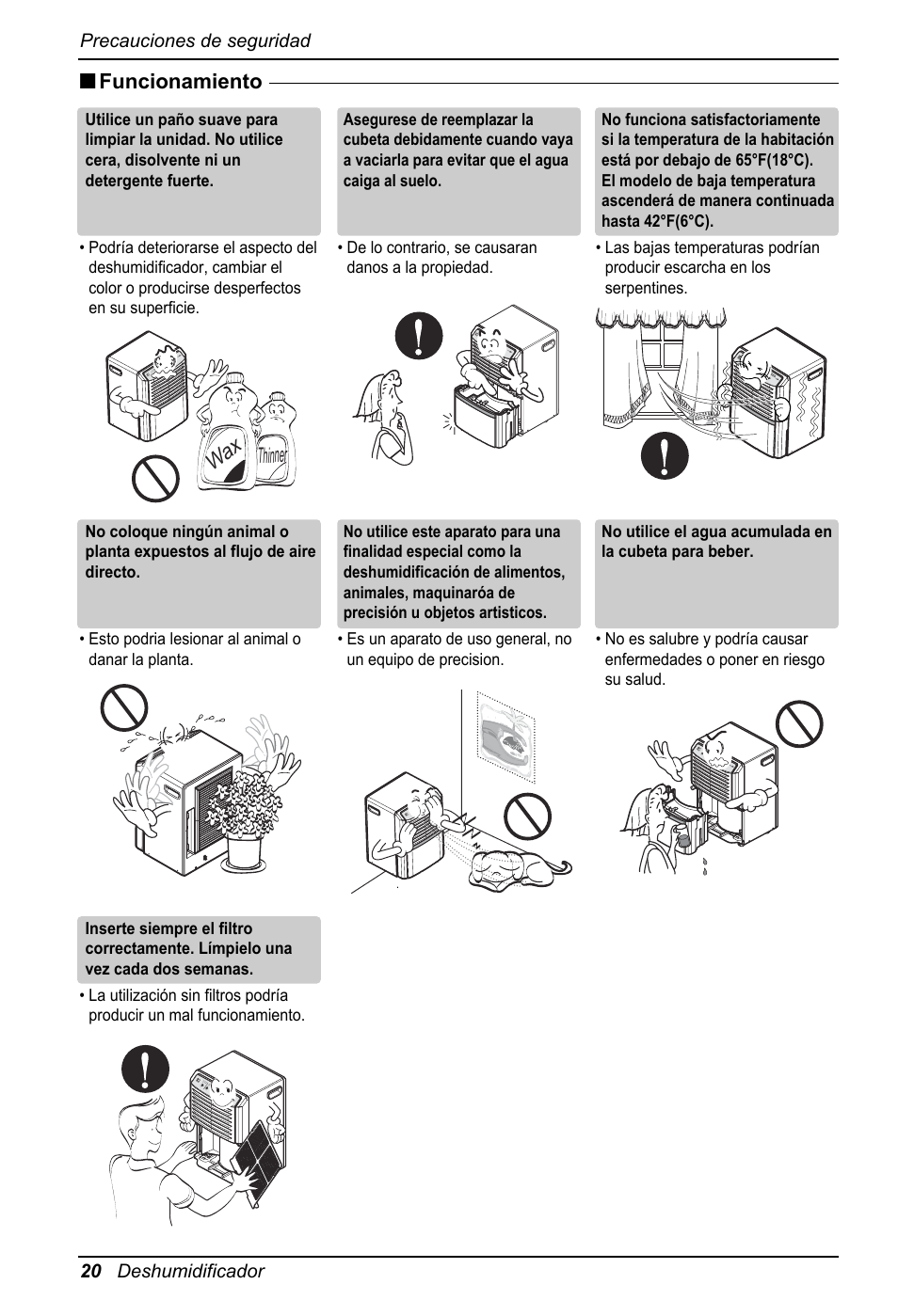 Funcionamiento, Thinner, 20 deshumidificador precauciones de seguridad | LG ZD300 User Manual | Page 20 / 32
