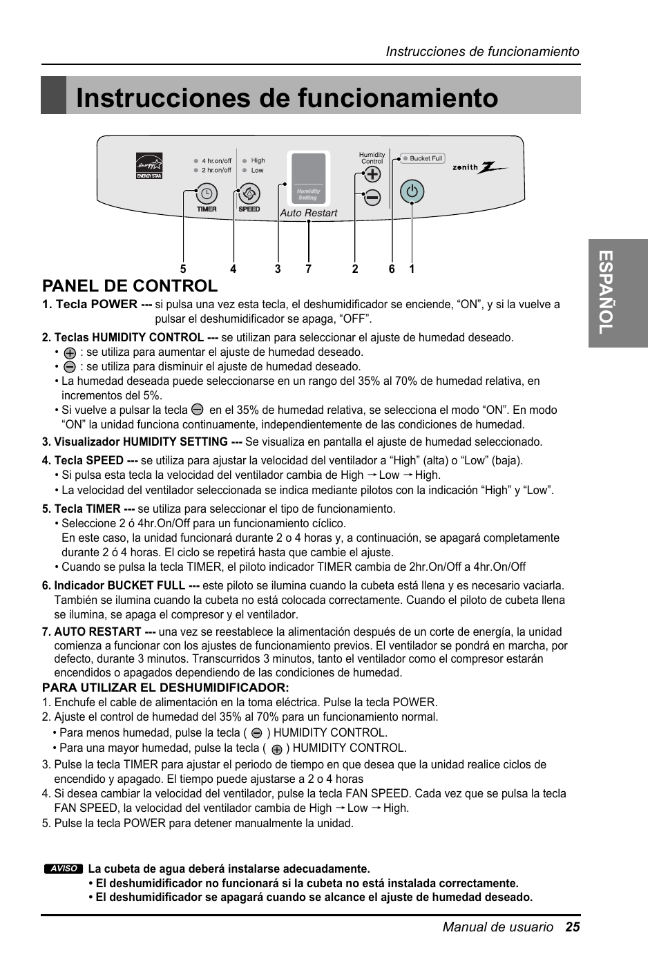 Instrucciones de funcionamiento, Es pañol, Esp añol | Panel de control | LG ZD300 User Manual | Page 25 / 32