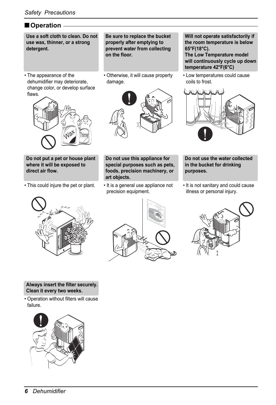 Operation, Thinner, 6 dehumidifier safety precautions | LG ZD300 User Manual | Page 6 / 32