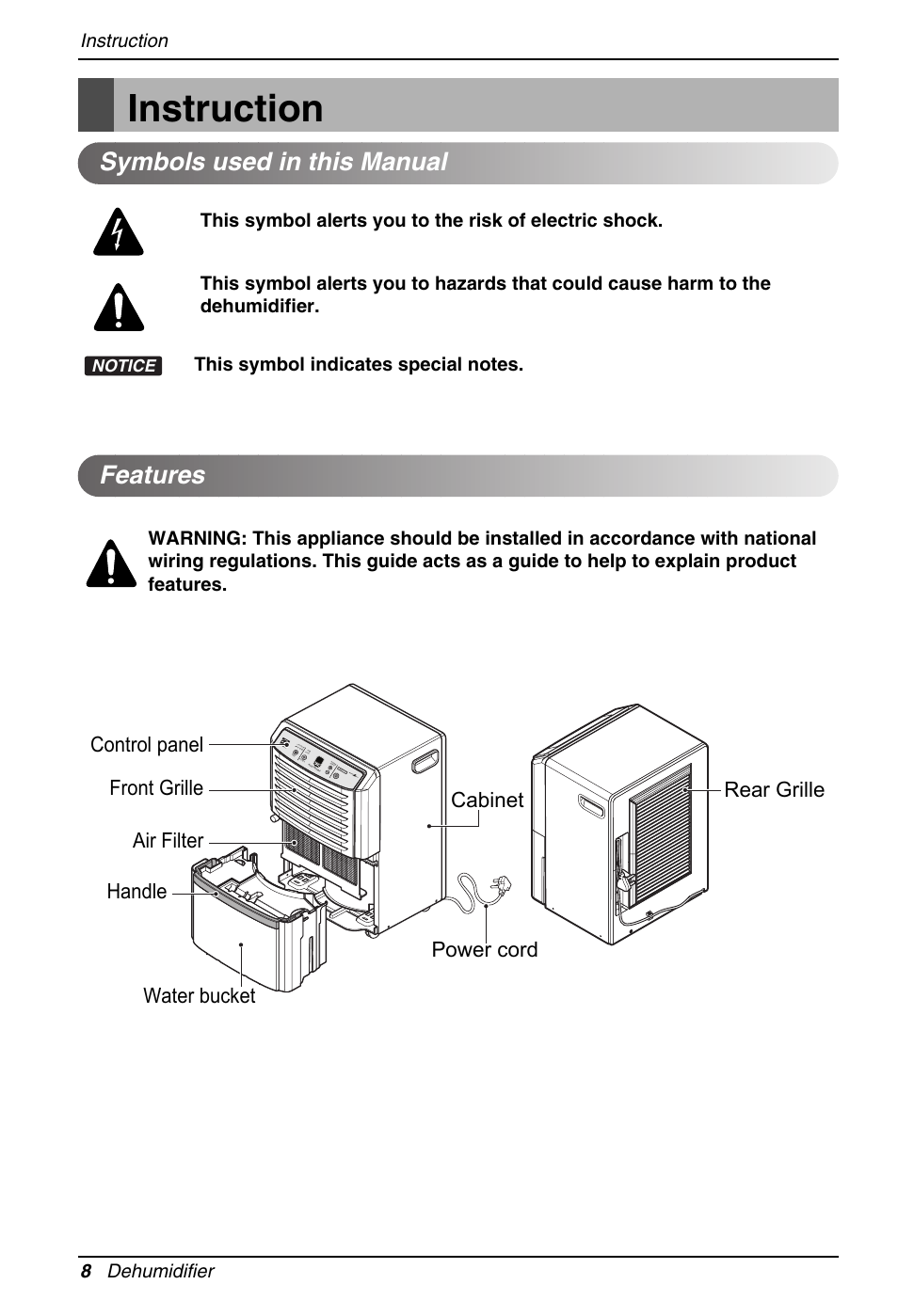 Instruction, Features symbols used in this manual | LG ZD300 User Manual | Page 8 / 32