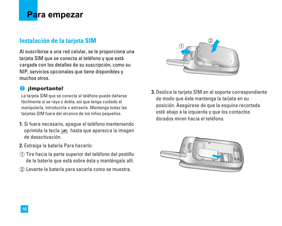 Para empezar, Instalación de la tarjeta sim | LG C1500 User Manual | Page 114 / 196