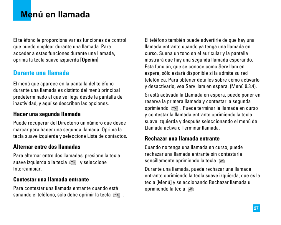 Menú en llamada, Durante una llamada | LG C1500 User Manual | Page 125 / 196