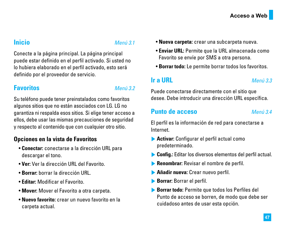 Inicio, Favoritos, Ir a url | Punto de acceso | LG C1500 User Manual | Page 145 / 196