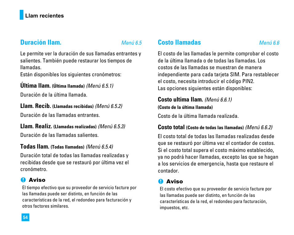 Duración llam, Costo llamadas | LG C1500 User Manual | Page 152 / 196