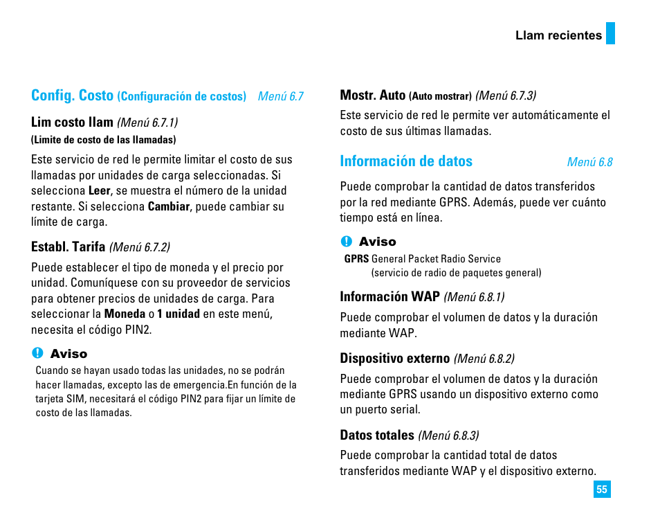 Config. costo, Información de datos | LG C1500 User Manual | Page 153 / 196