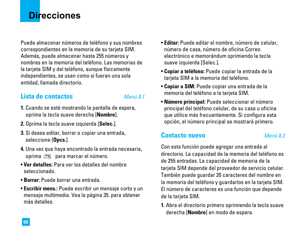 Direcciones, Lista de contactos, Contacto nuevo | LG C1500 User Manual | Page 158 / 196