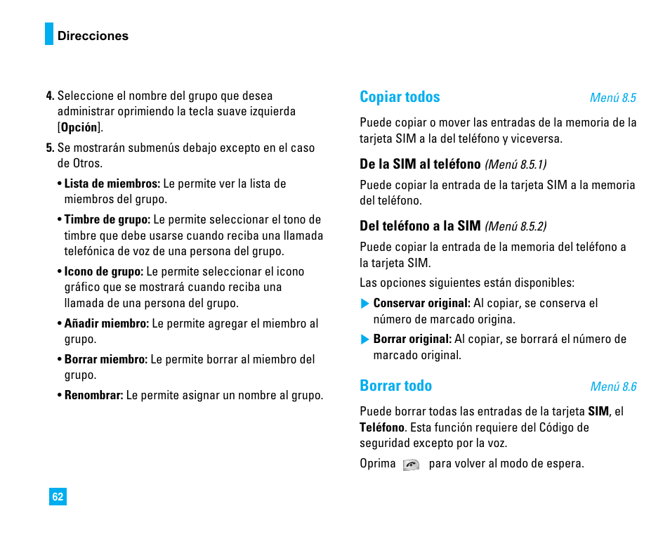 Copiar todos, Borrar todo | LG C1500 User Manual | Page 160 / 196