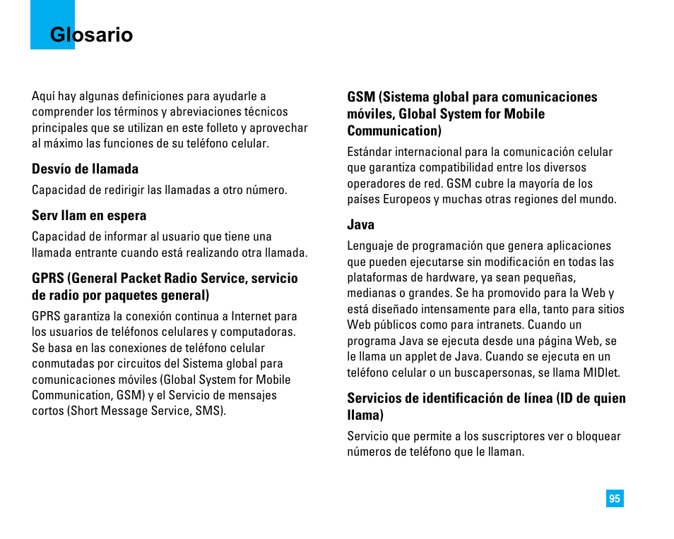 Glosario | LG C1500 User Manual | Page 193 / 196