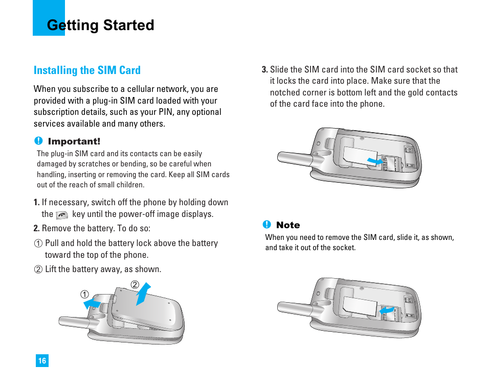 Getting started, Installing the sim card | LG C1500 User Manual | Page 20 / 196