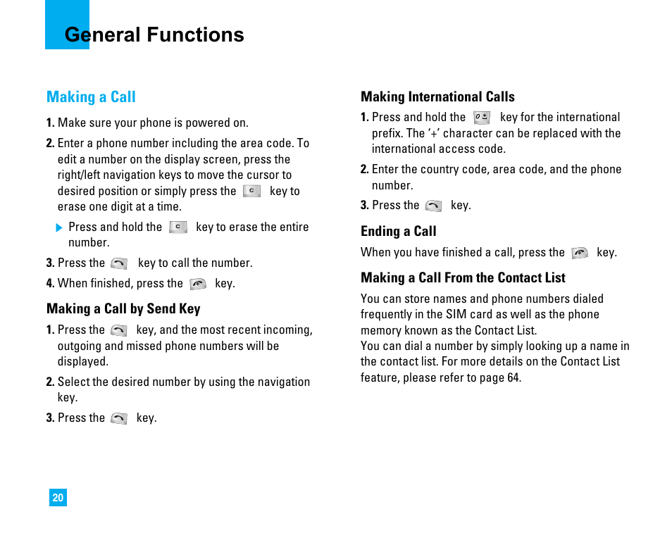 General functions, Making a call | LG C1500 User Manual | Page 24 / 196