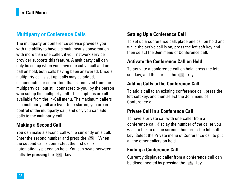 Multiparty or conference calls | LG C1500 User Manual | Page 32 / 196