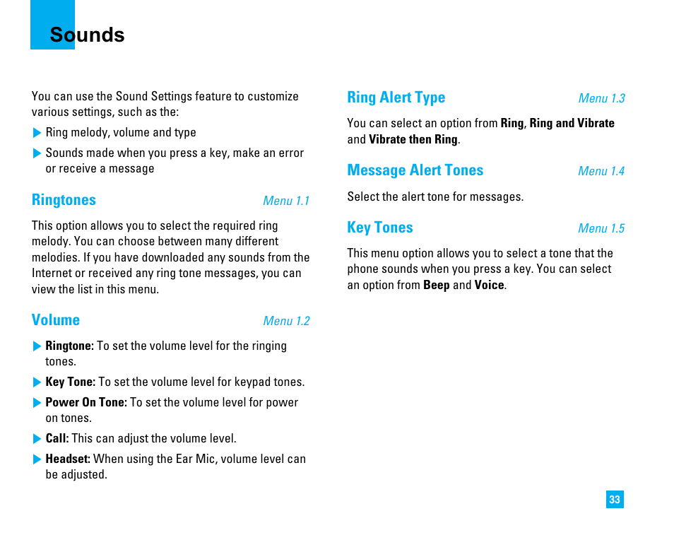 Sounds, Ringtones, Volume | Ring alert type, Message alert tones, Key tones | LG C1500 User Manual | Page 37 / 196