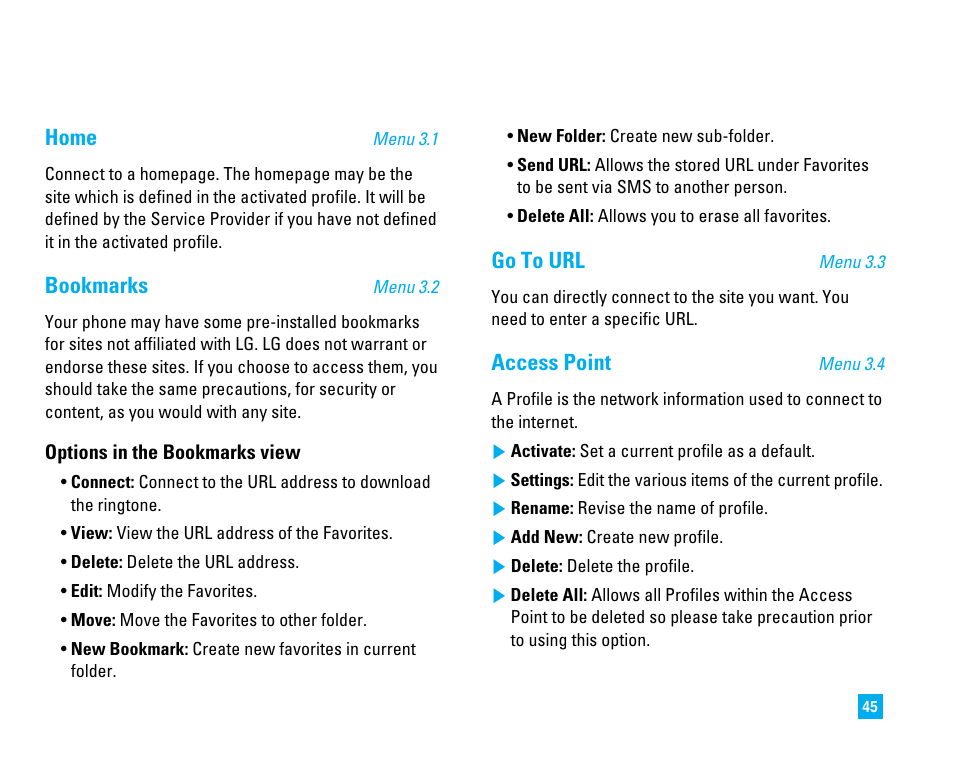 Home, Bookmarks, Go to url | Access point | LG C1500 User Manual | Page 49 / 196