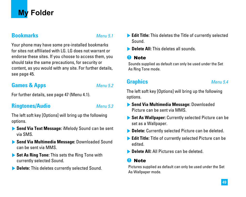 My folder, Bookmarks, Games & apps | Ringtones/audio, Graphics | LG C1500 User Manual | Page 53 / 196