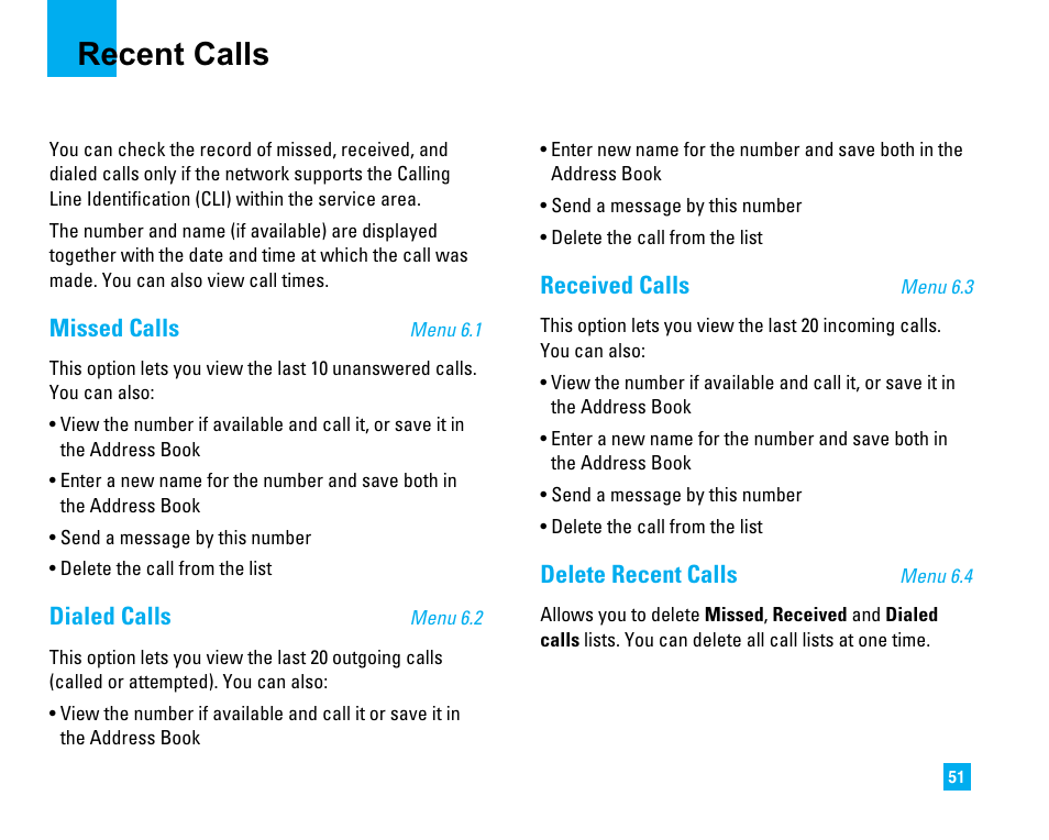 Recent calls, Missed calls, Dialed calls | Received calls, Delete recent calls | LG C1500 User Manual | Page 55 / 196