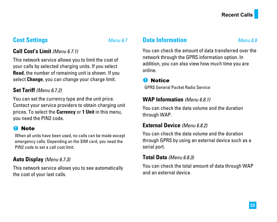 Cost settings, Data information | LG C1500 User Manual | Page 57 / 196