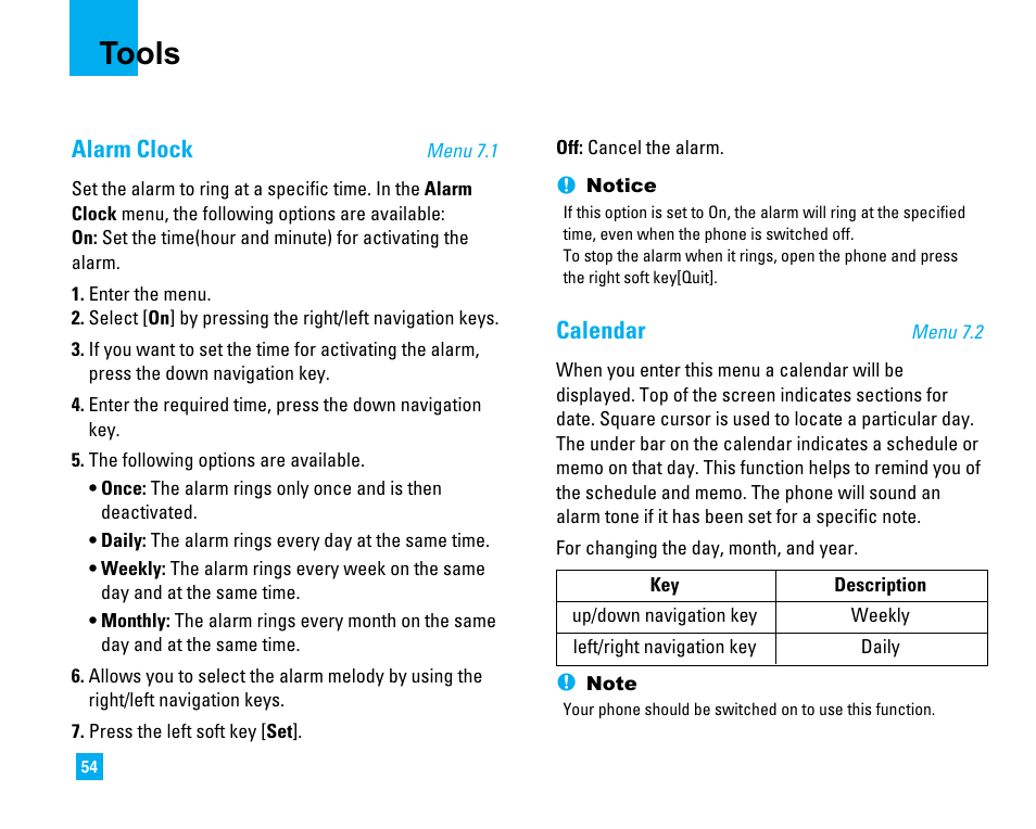 Tools, Alarm clock, Calendar | LG C1500 User Manual | Page 58 / 196