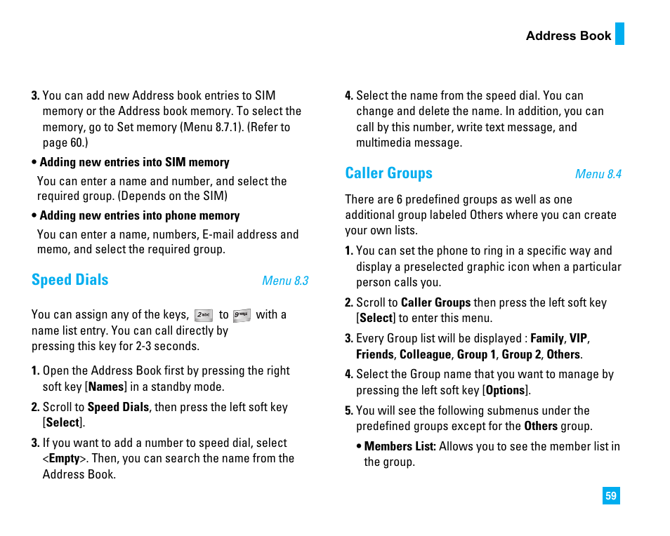 Speed dials, Caller groups | LG C1500 User Manual | Page 63 / 196