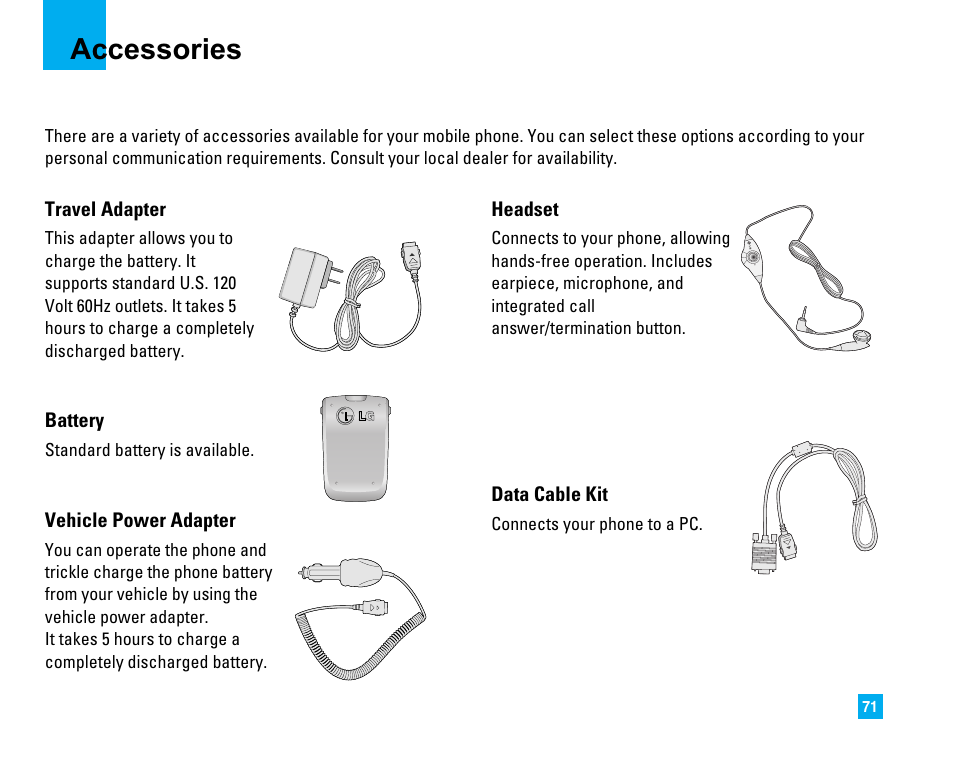 Accessories | LG C1500 User Manual | Page 75 / 196