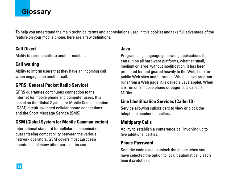 Glossary | LG C1500 User Manual | Page 92 / 196