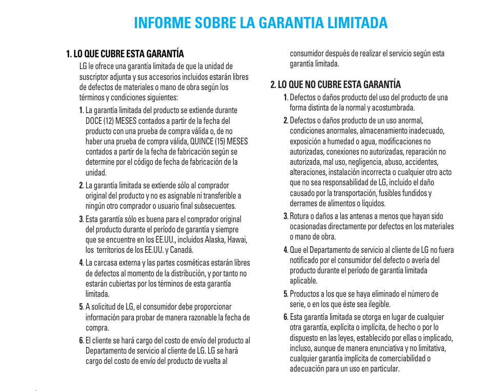 Informe sobre la garantia limitada | LG C1500 User Manual | Page 97 / 196