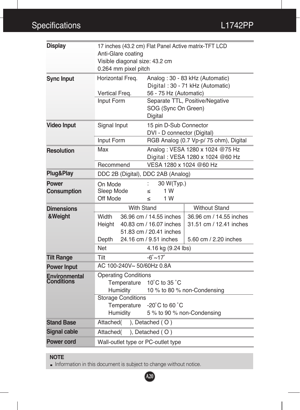 L1742pp, Specifications l1742pp | LG L1942P-BS User Manual | Page 21 / 26