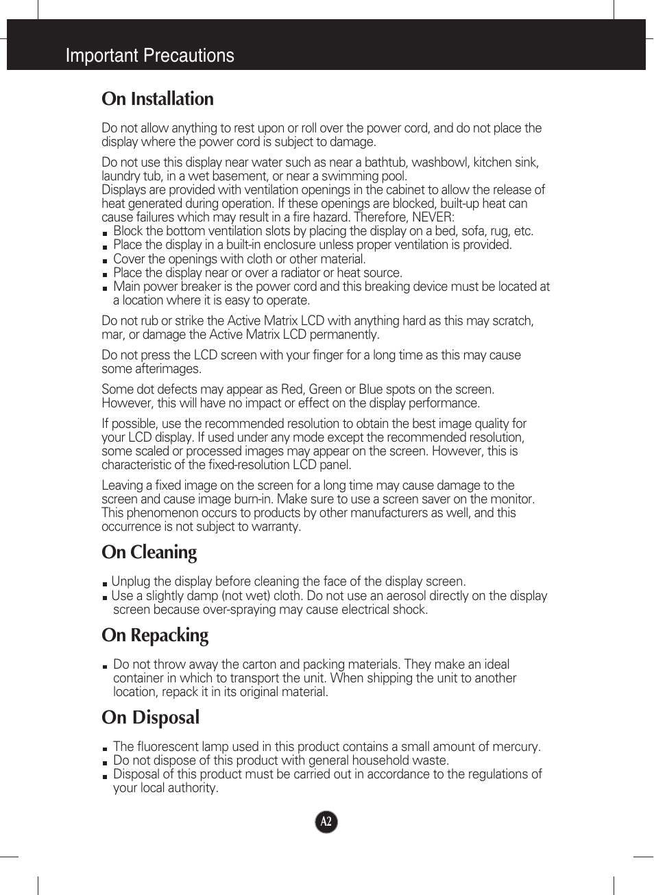 On installation, On cleaning, On repacking | On disposal, Important precautions on installation | LG L1942P-BS User Manual | Page 3 / 26