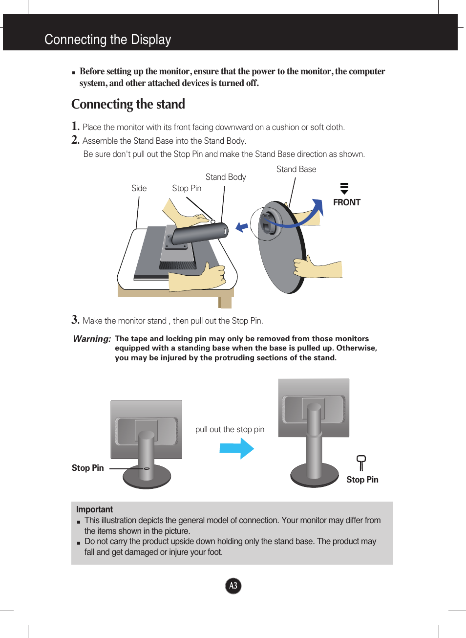 Connecting the display, Connecting the stand | LG L1942P-BS User Manual | Page 4 / 26