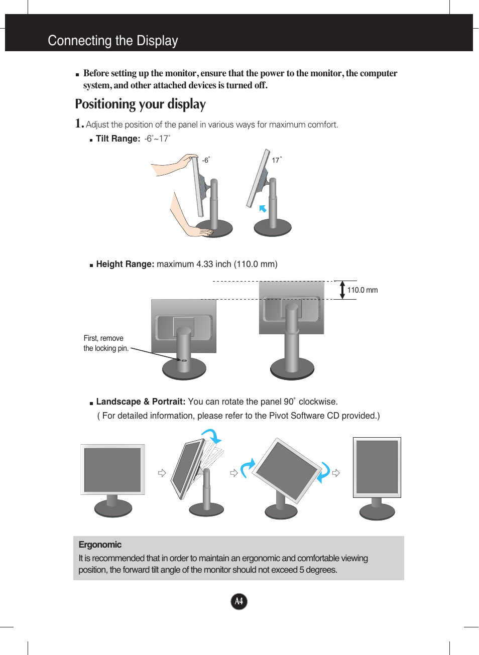 Positioning your display, Connecting the display | LG L1942P-BS User Manual | Page 5 / 26