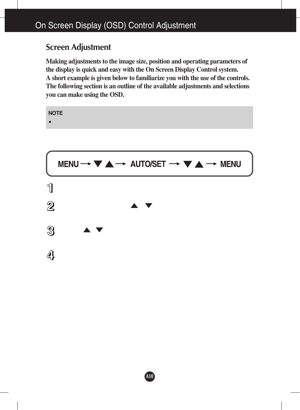On screen display (osd) control adjustment, Screen adjustment | LG W2353V-PF User Manual | Page 11 / 28
