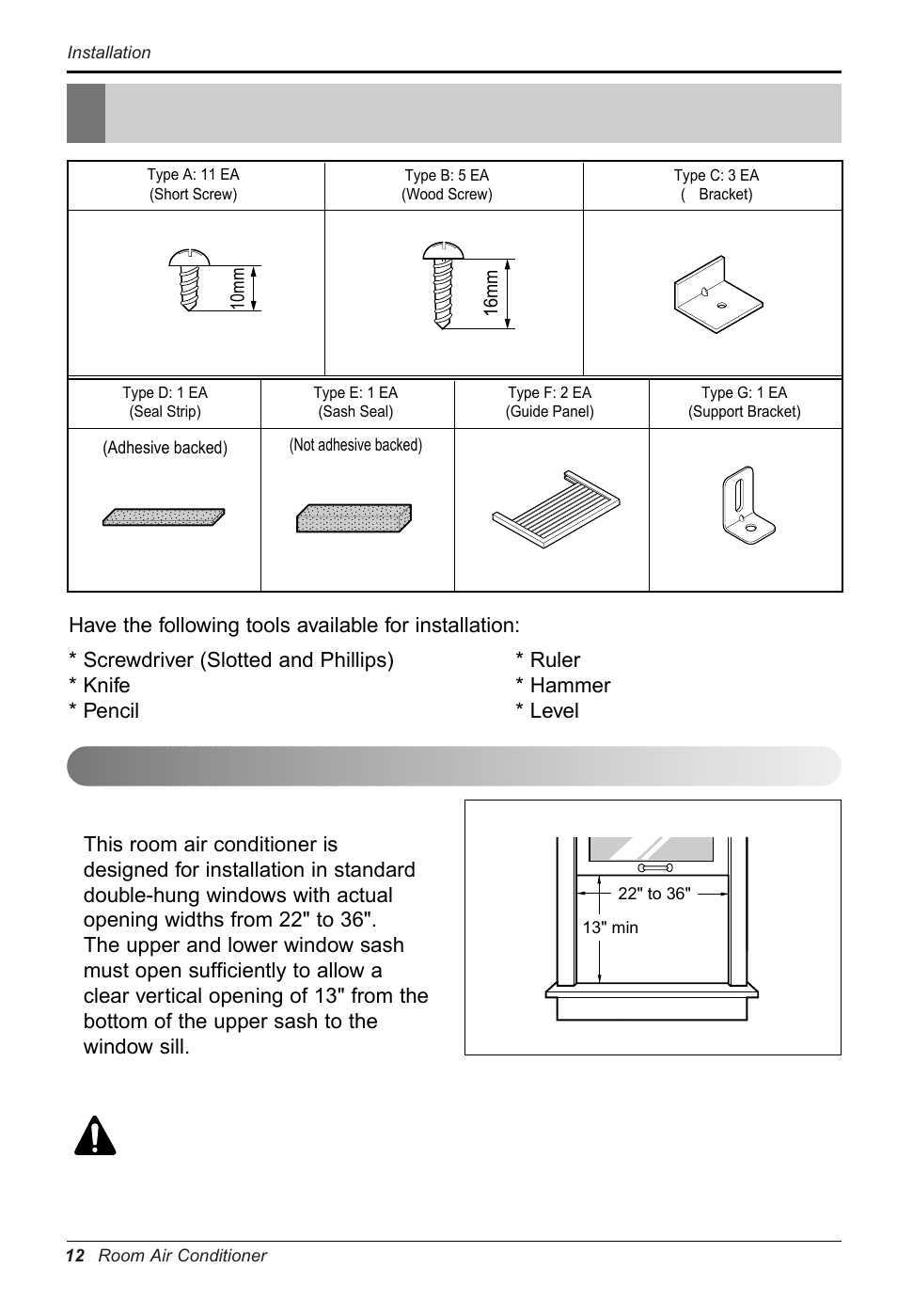 Installation, Window requirements | LG RG-61B User Manual | Page 12 / 52