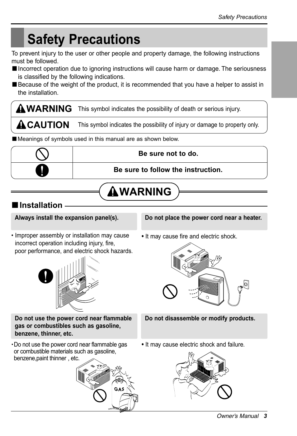 Safety precautions, Warning, Warning caution | English, Installation | LG RG-61B User Manual | Page 3 / 52