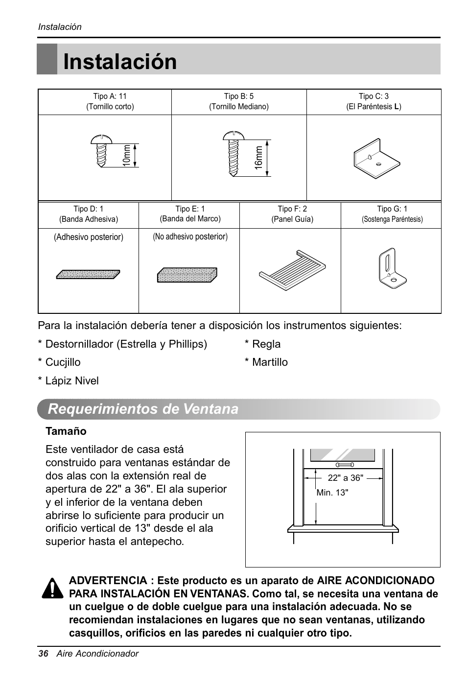 Instalación, Requerimientos de ventana | LG RG-61B User Manual | Page 36 / 52