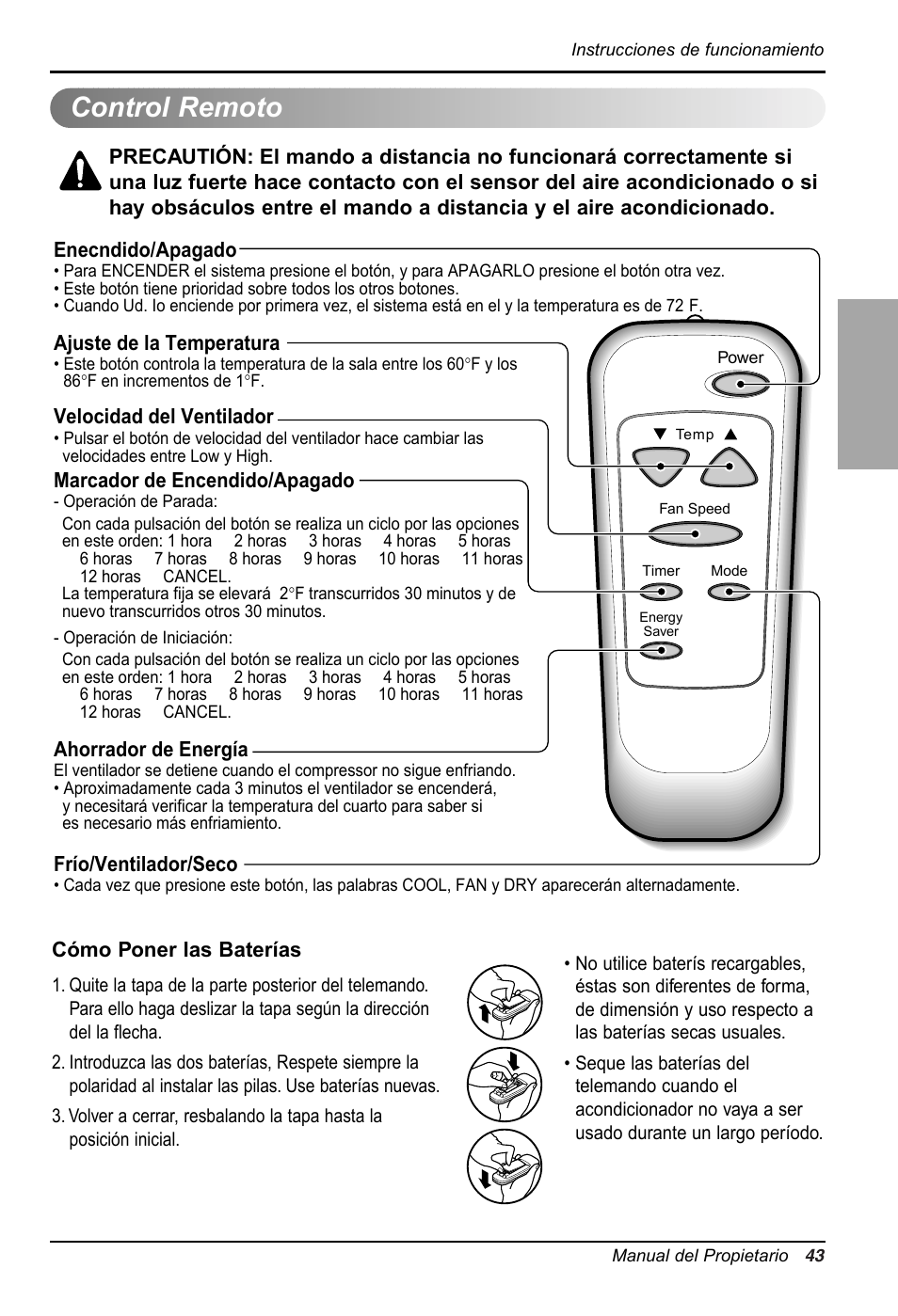 Espa ñ ol, Control remoto, Frío/ventilador/seco | Enecndido/apagado, Ajuste de la temperatura, Ahorrador de energía, Marcador de encendido/apagado, Velocidad del ventilador, Cómo poner las baterías | LG RG-61B User Manual | Page 43 / 52