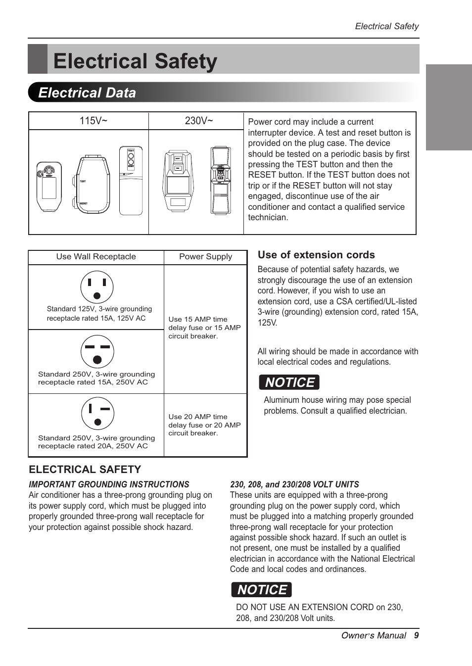 Electrical safety, Electrical data, English | Notice | LG RG-61B User Manual | Page 9 / 52