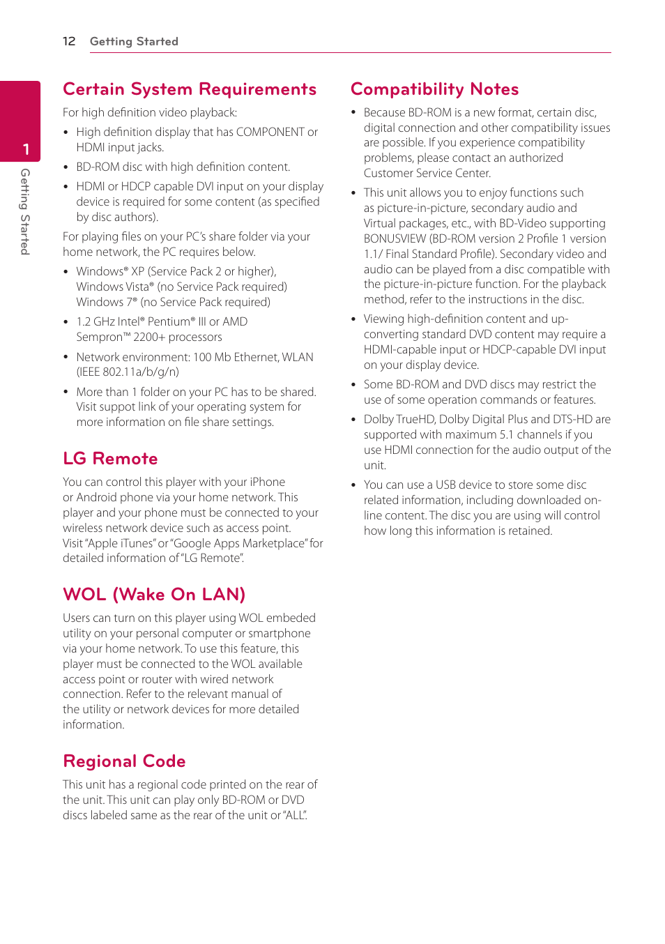 Certain system requirements, Lg remote, Wol (wake on lan) | Regional code, Compatibility notes | LG LHB976 User Manual | Page 12 / 78