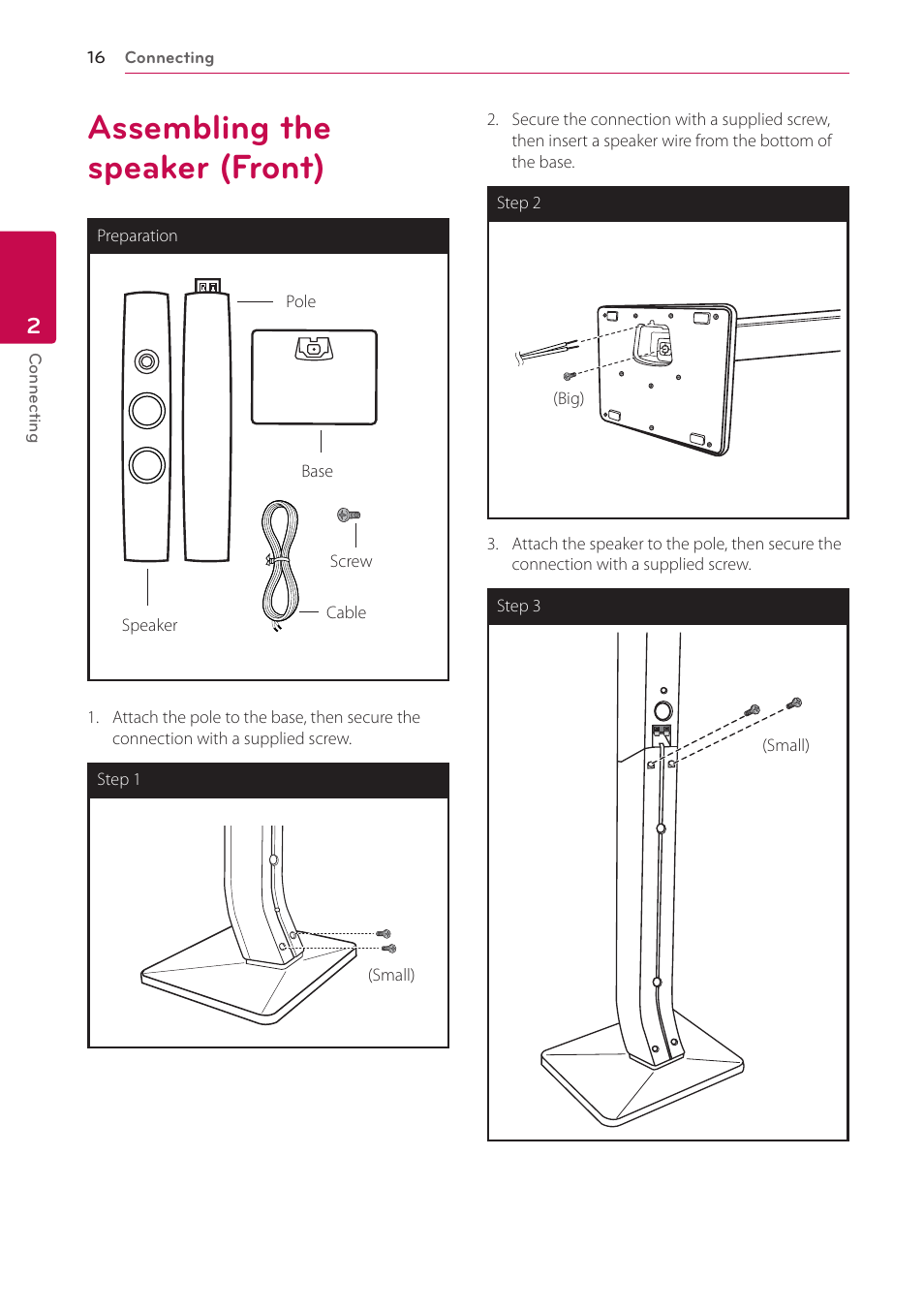 2 connecting, Assembling the speaker (front) | LG LHB976 User Manual | Page 16 / 78