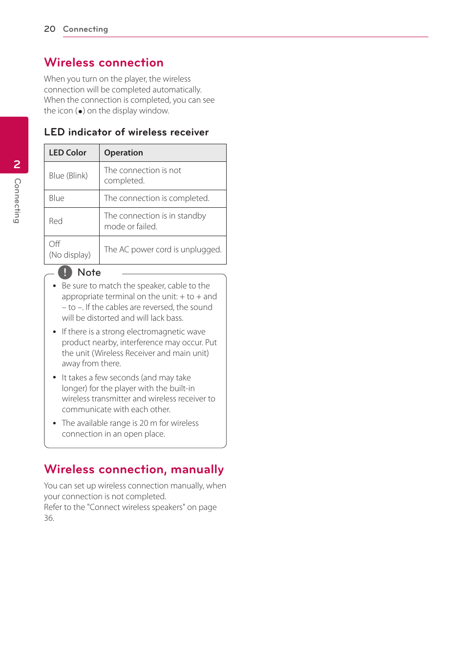 Wireless connection, Wireless connection, manually | LG LHB976 User Manual | Page 20 / 78