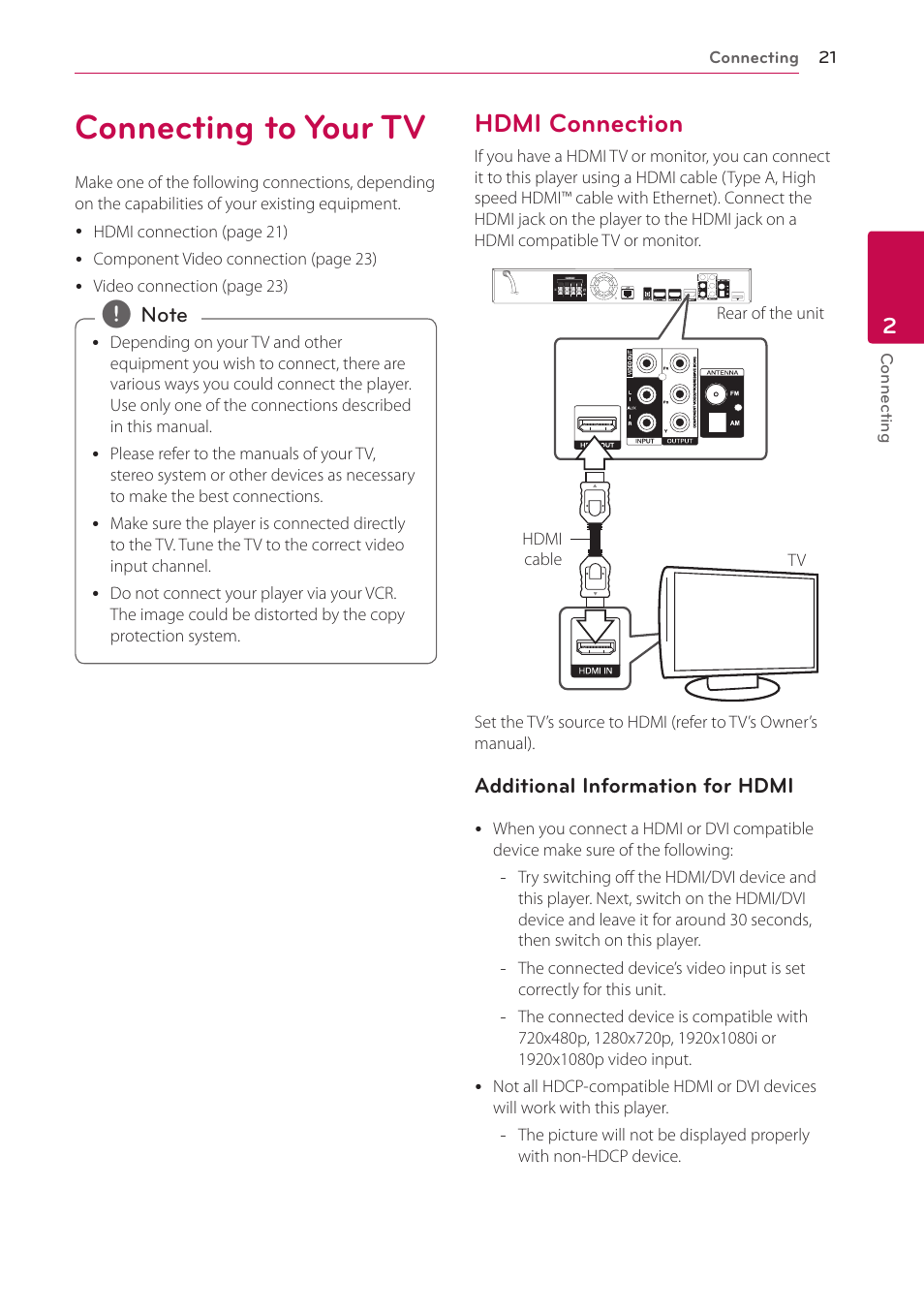Connecting to your tv, Hdmi connection, 21 – hdmi connection | LG LHB976 User Manual | Page 21 / 78