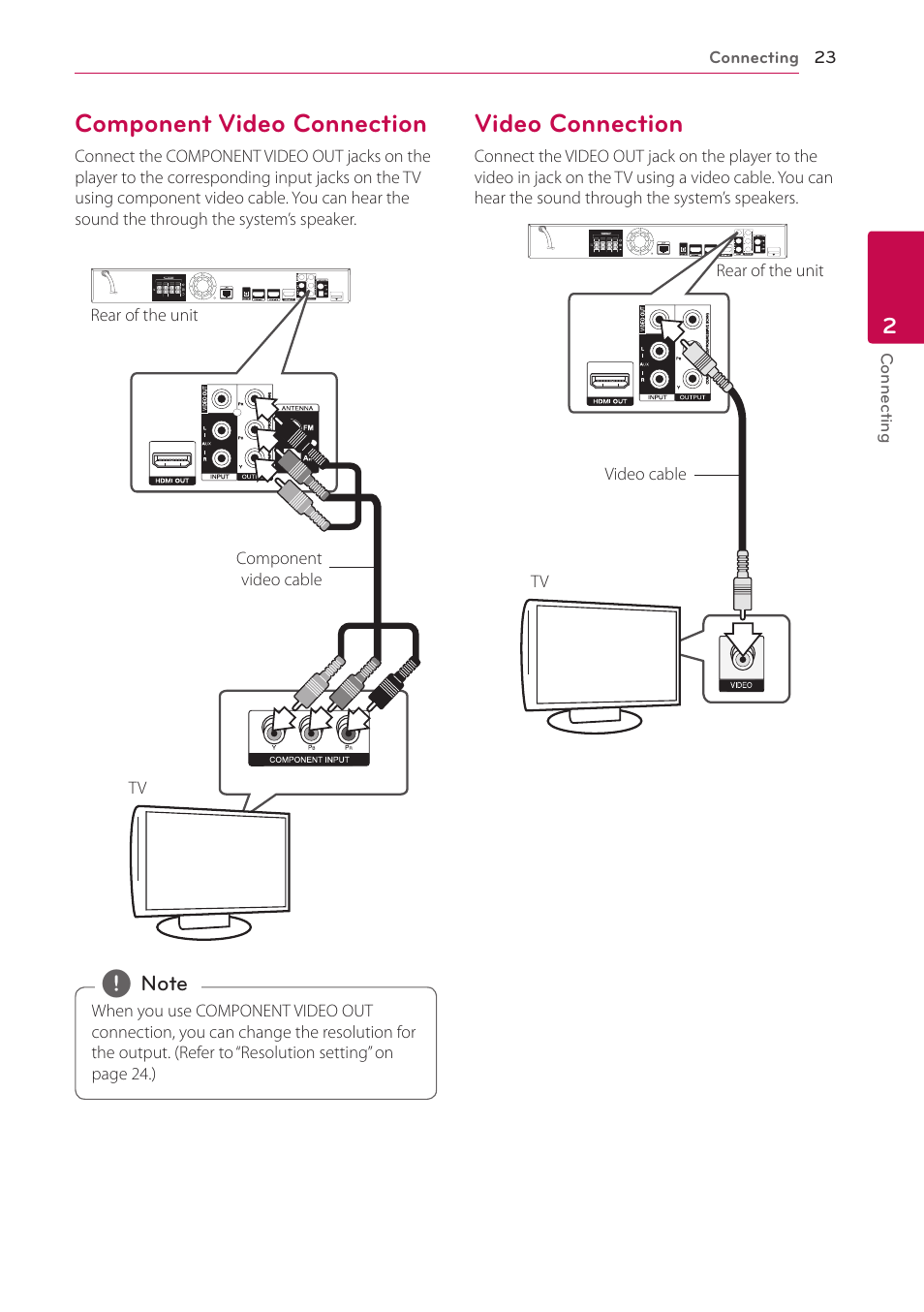 Component video connection, Video connection | LG LHB976 User Manual | Page 23 / 78