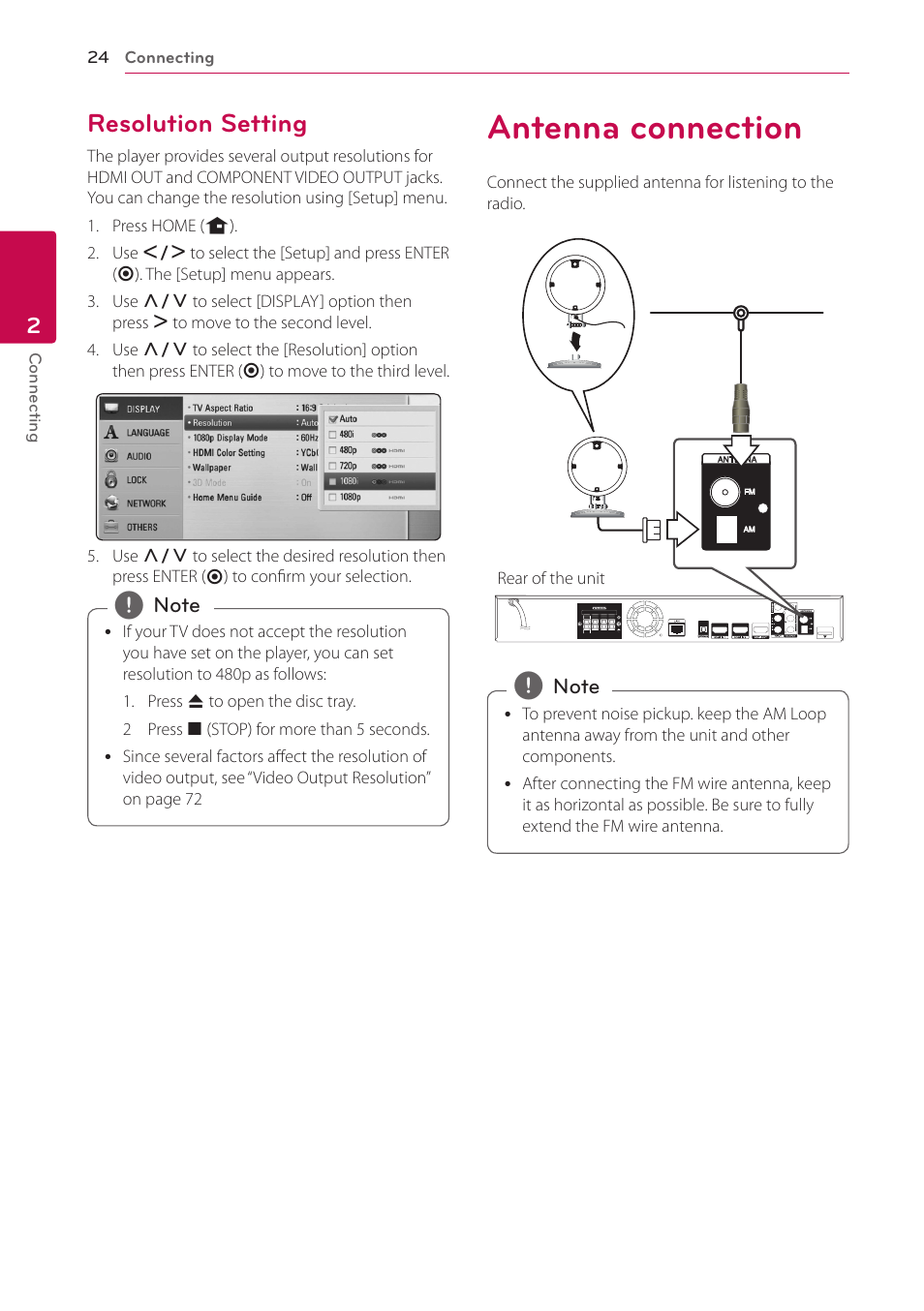 Resolution setting, Antenna connection, 24 – resolution setting 24 antenna connection | Rear of the unit | LG LHB976 User Manual | Page 24 / 78