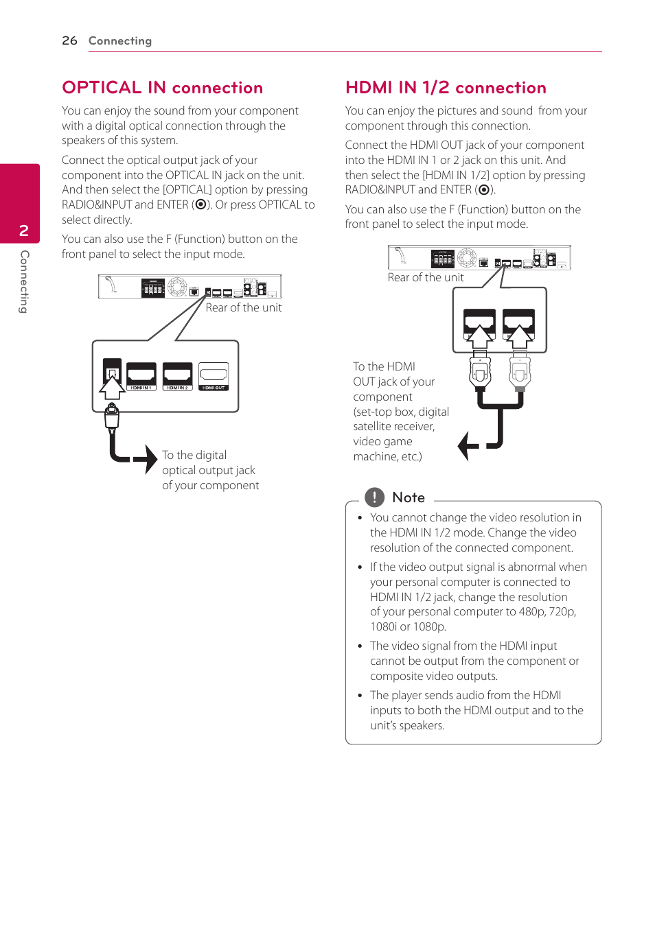 Optical in connection, Hdmi in 1/2 connection | LG LHB976 User Manual | Page 26 / 78