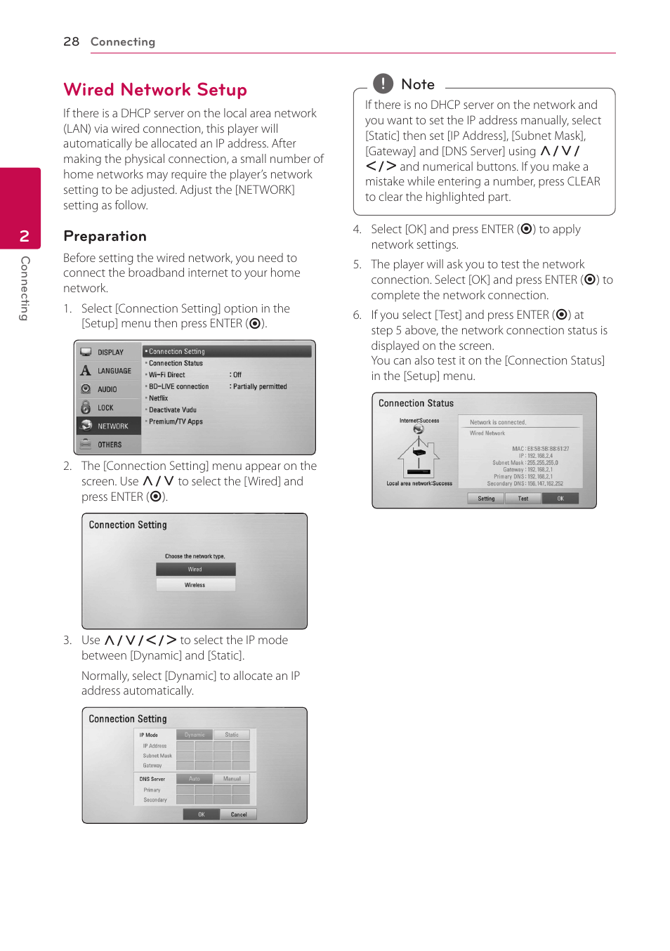 Wired network setup, 28 – wired network setup | LG LHB976 User Manual | Page 28 / 78