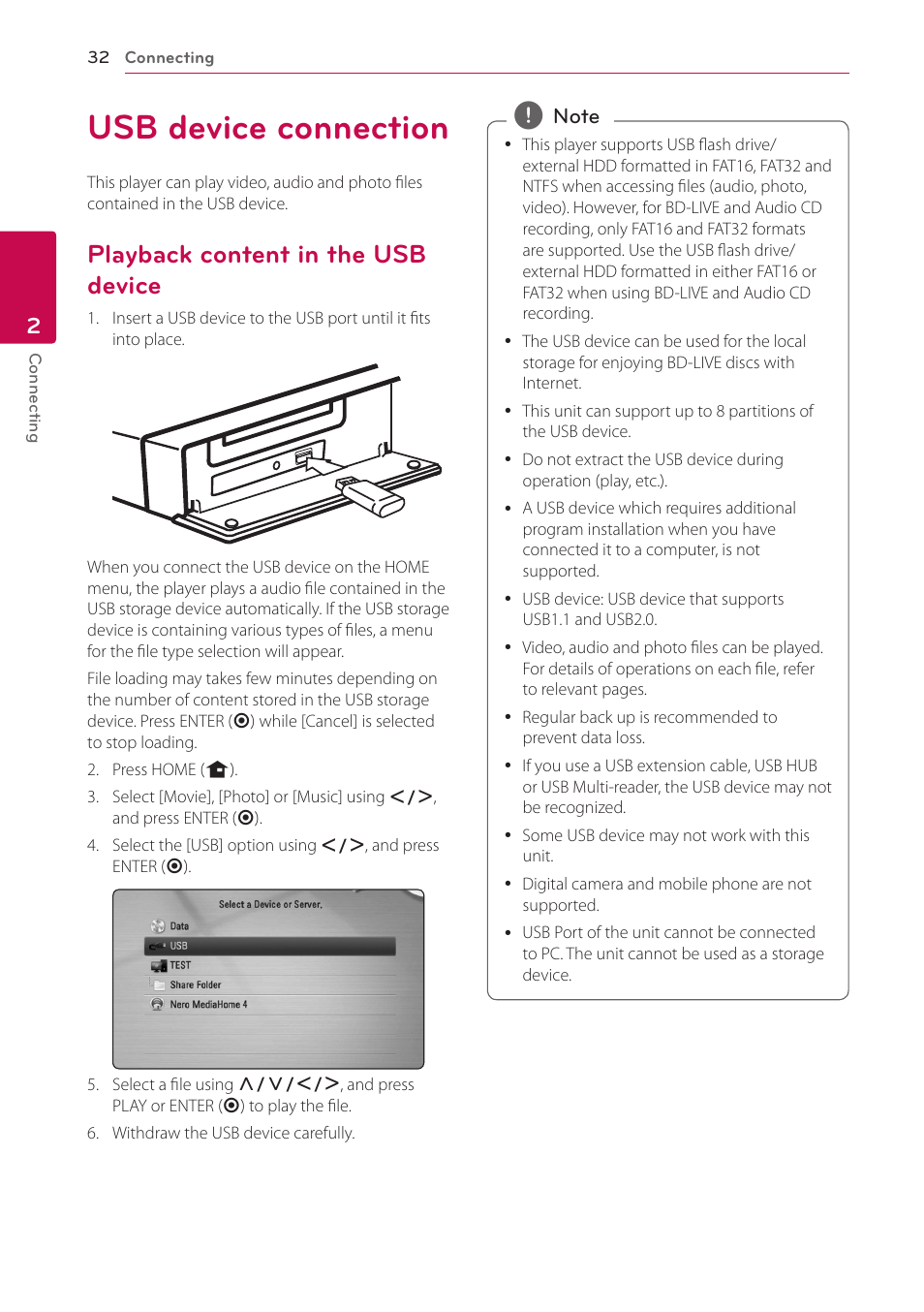 Usb device connection, Playback content in the usb device | LG LHB976 User Manual | Page 32 / 78