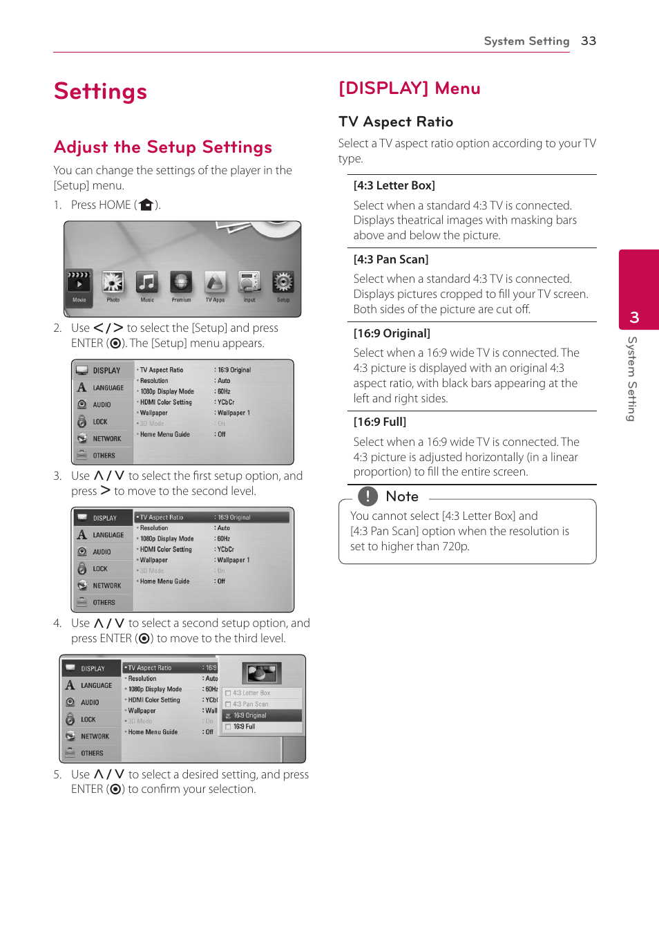 3 system setting, Settings, Adjust the setup settings | Display] menu | LG LHB976 User Manual | Page 33 / 78