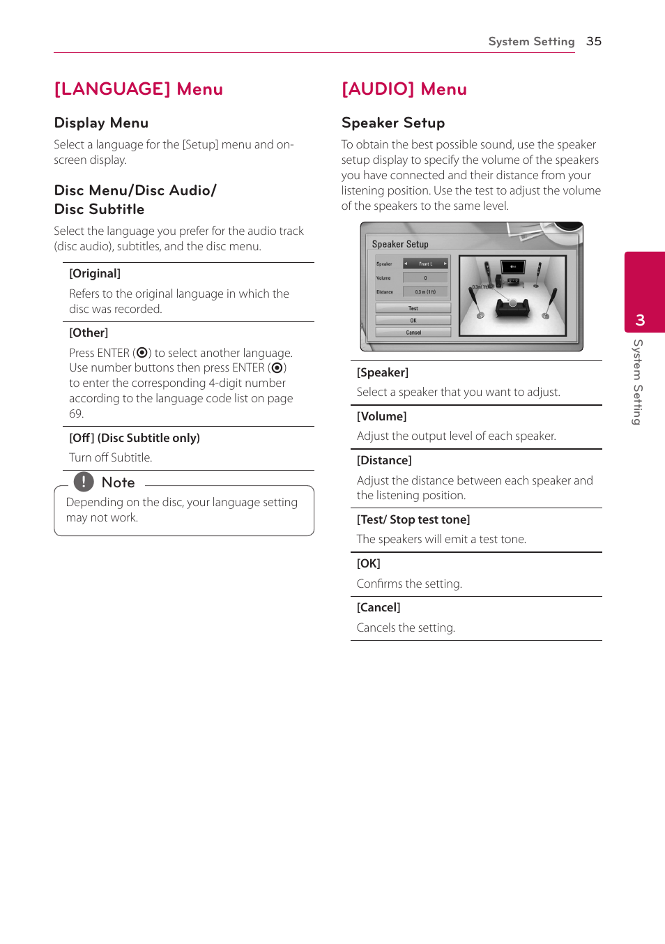 Language] menu, Audio] menu, 35 – [language] menu 35 – [audio] menu | LG LHB976 User Manual | Page 35 / 78