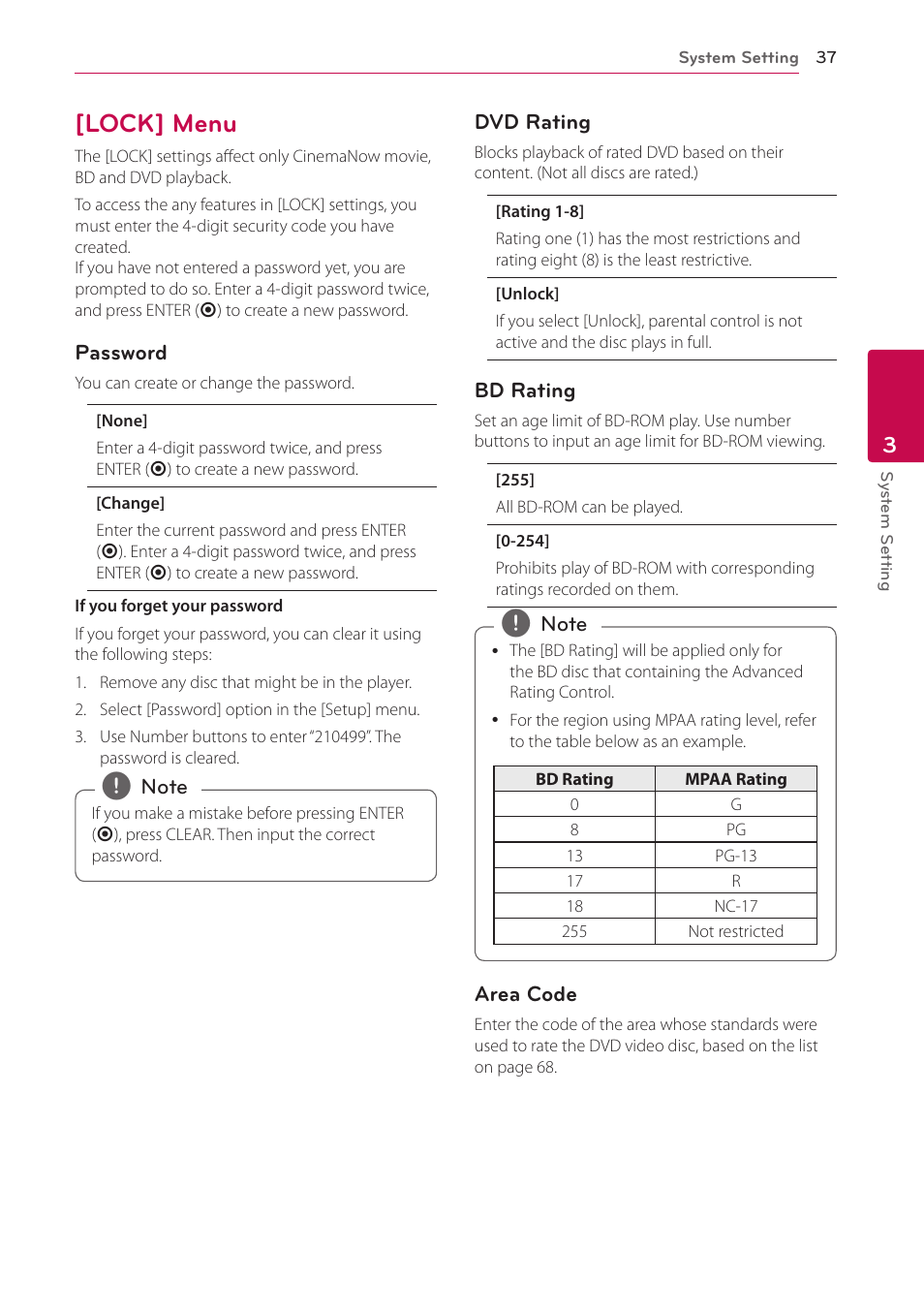 Lock] menu, 37 – [lock] menu | LG LHB976 User Manual | Page 37 / 78